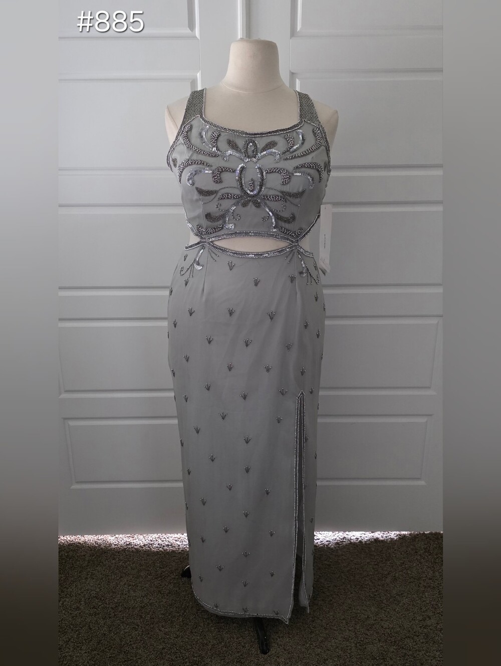 Silver Silk Beaded Cutout Evening Gown